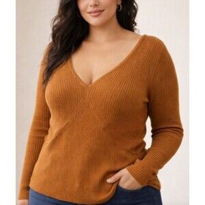Sofia Jeans by Sofia Vergara Reform Knit Rib Top 2X Brown V-Neck Long Sleeve NWT